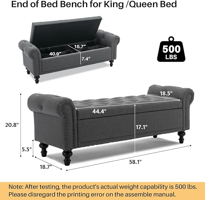 58.1'' Storage Bench Upholstered Linen End of Bedroom Bed Bench Ottoman with Tufted Cushioned Rolled Arm Large Storage Space for Reading Living Room Entryway, Grey-PurrikoPets