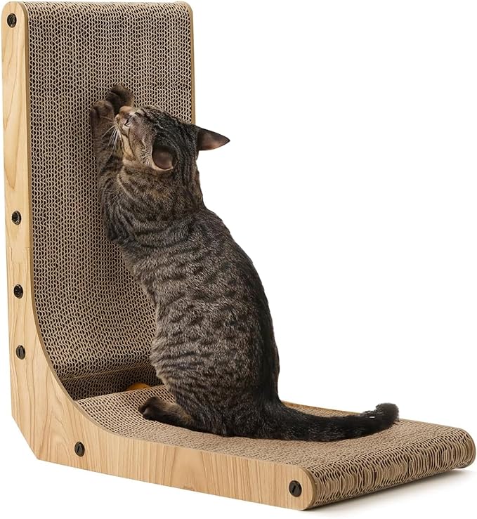 FUKUMARU Cat Scratcher, 18.7 Inch L Shape Cat Scratch Pad Wall Mounted, Cat Scratching Cardboard with Ball Toy for Indoor Cats-PurrikoPets