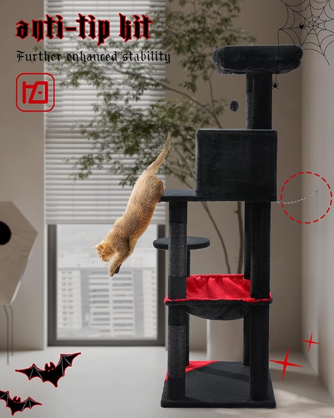 Gothic Cat Tree with Super Large Hammock, 56.3" Black Cat Tower with Coffin Bed, Cat Condo, Sisal Scratching Posts & Top Perch, Multi-Level Goth Cat Tree, Halloween, Black-PurrikoPets