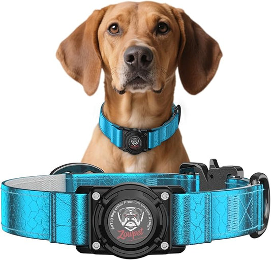 AirTag Dog Collar - Leather Dog Collar with Airtag Holder | IP68 Waterproof AirTag Holder with Metal Buckle, Comfortable GPS Dog Collars Tracker for Medium Large Dogs (Blue, XL)-PurrikoPets