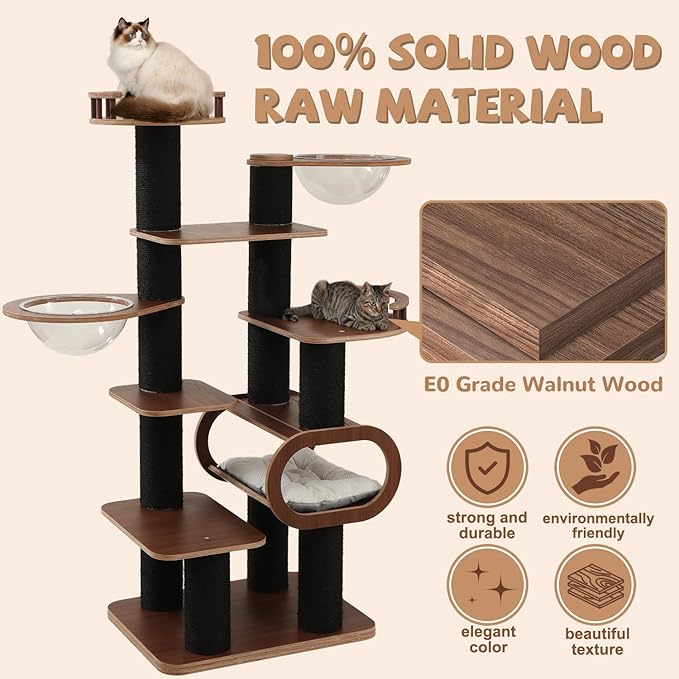 70.8'' Tall Luxury Cat Tree,All i,ne One Black Walnut Wood Modern Cat Tower for Indoor Large,Huge Multi-Level Cat Furniture with Scratching Posts,Condo,Cushion,Clear Bowl,Platform for Home Decoration-PurrikoPets