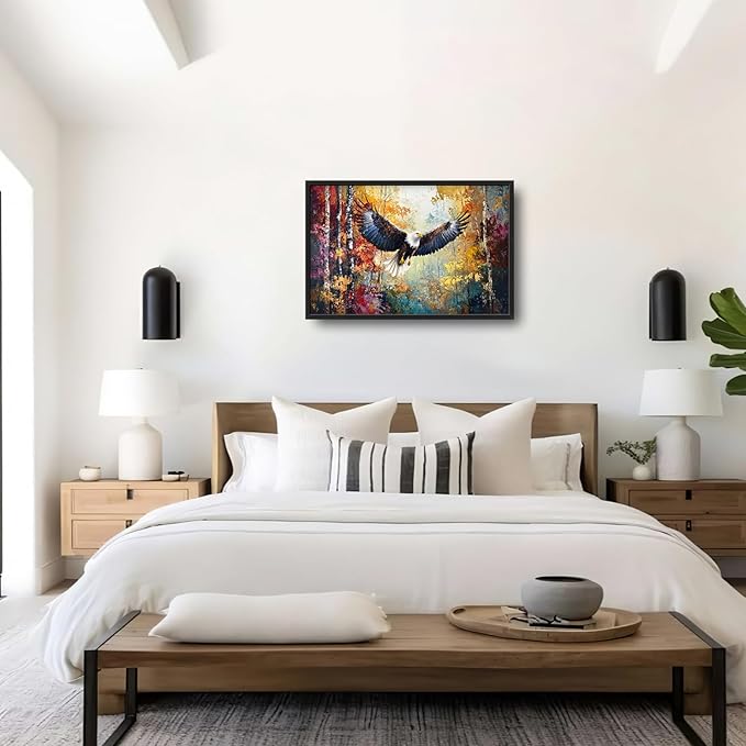 Extra Large Framed Bald Eagle Wall Art,Abstract Colorful Forest Wall Decor,Autumn Fall Forest Pictures for Living Room,Canvas Print Painting Modern Artwork Bedroom Office Home Decor 36L x 24W-PurrikoPets