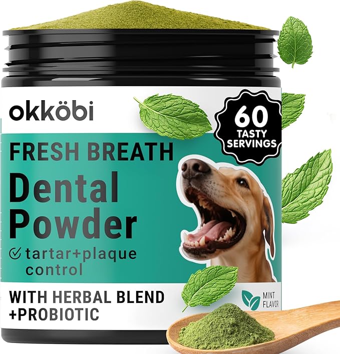 Dog Teeth Cleaning Powder - Dog Breath Freshener + Dental Care for Doggies & Cats + Tartar Remover for Teeth with Natural Ingredients + Probiotics Blend (Mint - 200g)-PurrikoPets