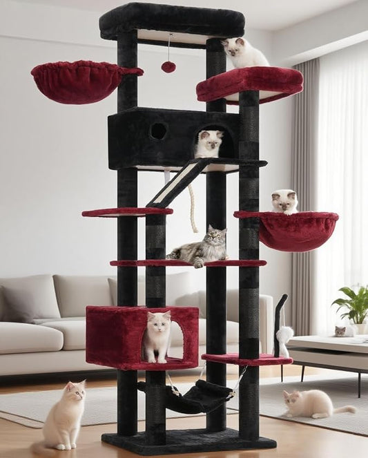 Gothic Cat Tree for Large Cats, 78.7"(200cm) Tall Cat Tower for Indoor Cats Multiple Cats with Large Top Perch, Cat Condo, Cat Hammcok, Cat Scratching Post, Black and Red GCT031BR-PurrikoPets