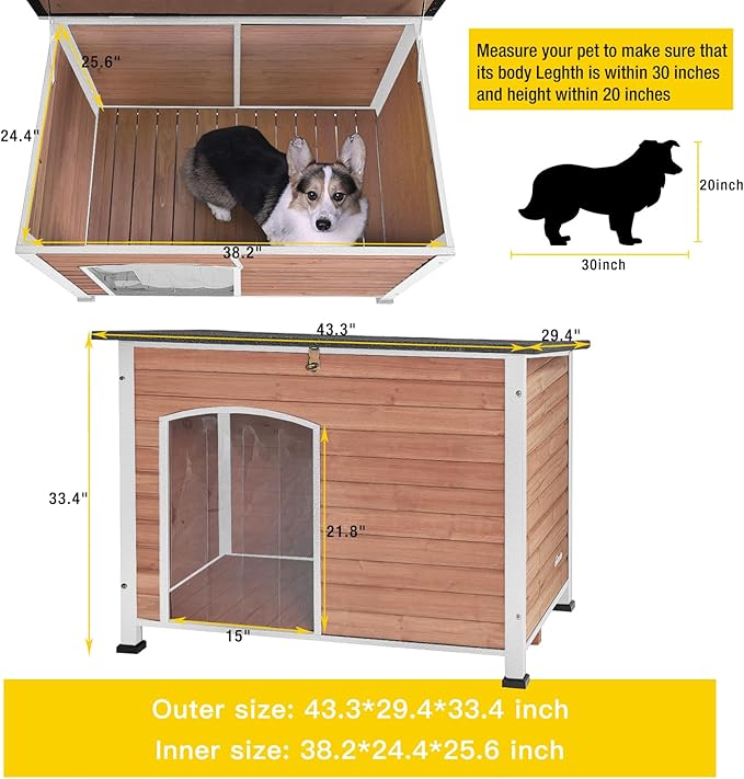 Dog House Outdoor & Indoor Wooden Dog Kennel for Winter with Raised Feet Weatherproof for Small & Medium & Large Dogs,Unique All-Around Iron Frame，Light Brown-PurrikoPets