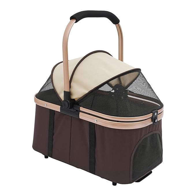 Foldable Pet Stroller for Small & Medium Dogs, Double Dog & Cat Stroller with 3-in-1 Travel System, Detachable Pet Carrier with Wheels for Cats and Dogs up to 77 lbs, Coffee Color-PurrikoPets