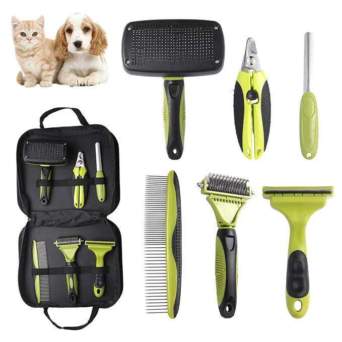 6 PCS Dog and Cat Grooming Kit, Versatile Tools Including Shedding Brush, Nail Clipper with Nail File, Slicker Brush, Dematting Comb-PurrikoPets