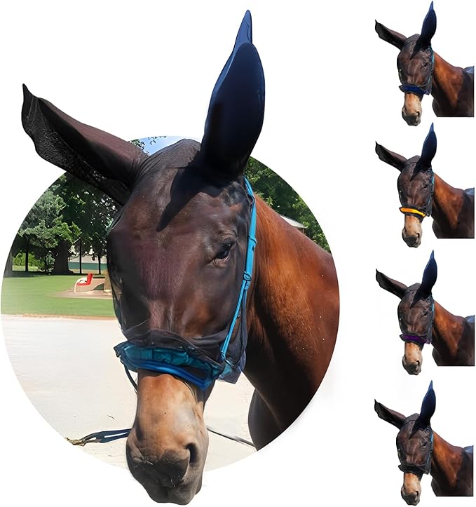 Donkey Fly Mask with Long Ears (Aqua) Half Hoodie for Standard Donkey, Made in USA - Mule Fly Mask with Ears Protection from Insects and Bugs, Face Cover Soft Mesh Fabric with Adjustable Fastener-PurrikoPets
