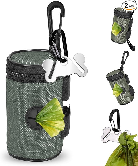 Dog Poop Bag Holder for Leash Attachment - Waste Bag Dispenser for Leash - Fits Any Dog Leash - Portable Set with Hand Free Holder Metal Carrier, Round Shape, Grey-PurrikoPets