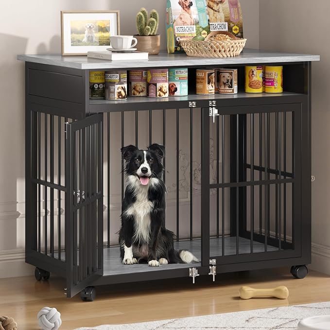 39.4" Dog Crate Furniture for Medium and Large Breed, Dog Kennel Furniture with Storage Shelf & Lockable Wheels, Heavy Duty Wooden End Side Table Pet Cage Indoor, Chew-Resistant, Grey-PurrikoPets