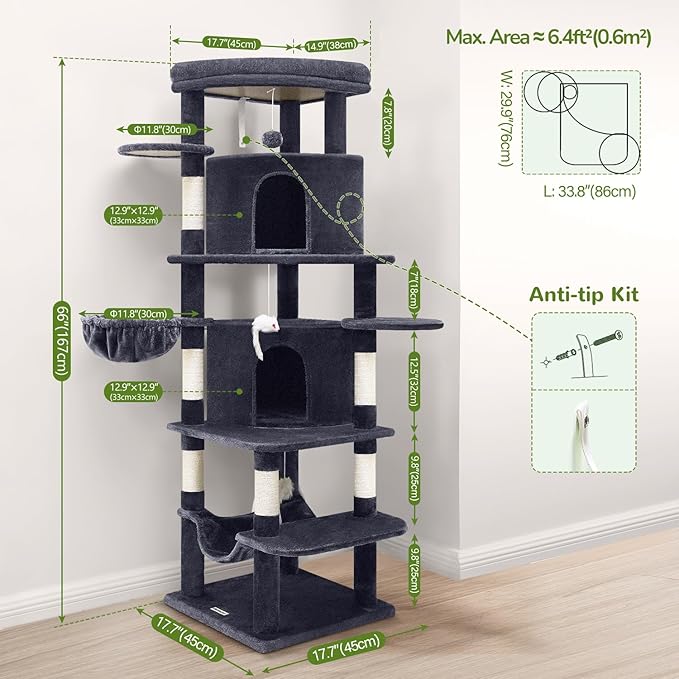 Globlazer Corner Cat Tree for Large Cats, 66inch Tall Curved Series Large Cat Tower for Multiple Indoor Cats with 6 Scratching Posts, 2 Spacious Cat Condos, Hammock, Hanging Basket, C66, Dark Grey-PurrikoPets