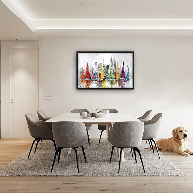 Framed Large Sailboat Wall Art for Living Room, Oversized Abstract City Wall Decor Colorful Sailboat Canvas Painting Pictures Modern Artwork for Living Room Bedroom Office Dinging Room 36"x24"-PurrikoPets