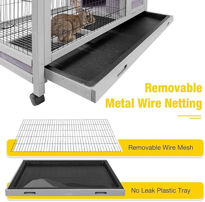 AIVITUVIN Rabbit Hutch Indoor with Wire Rabbit Cage Outdoor Bunny Cage with Run Guinea Pig Cage Leakproof Pull Out Tray-PurrikoPets