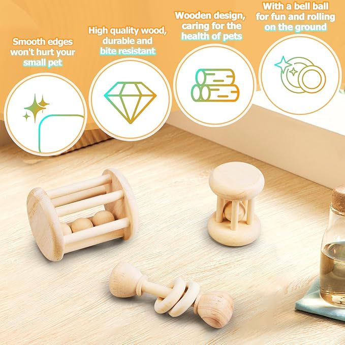 3 Pcs Natural Wooden Bunny Toys, Safe Rabbit Toys for Guinea Pig Chinchillas Hamsters Small Animals Playing Teeth Grinding Indoor Outdoor-PurrikoPets