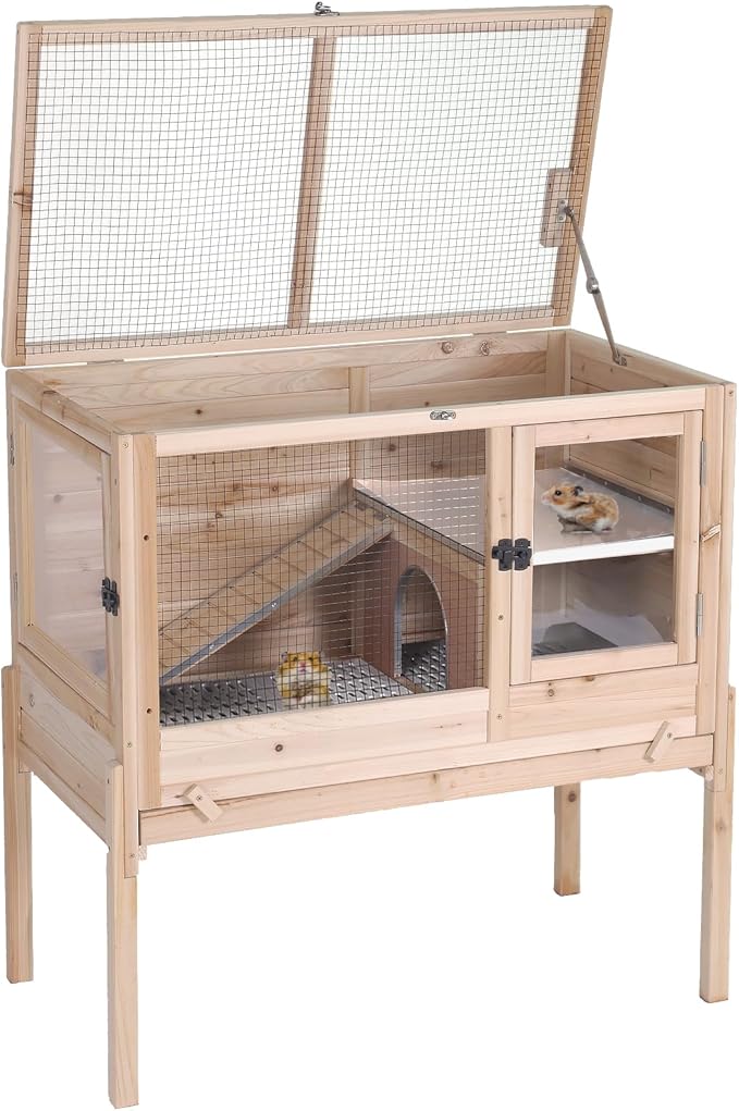 Aivituvin Wooden Guinea Pig Cages Indoor with Removable Stand, Anti Chewing Rabbit Hutch with Ramp and Wire Mesh, 2 Story Small Animals House Habitat with Pull Out Tray (Light Natural Wood)-PurrikoPets