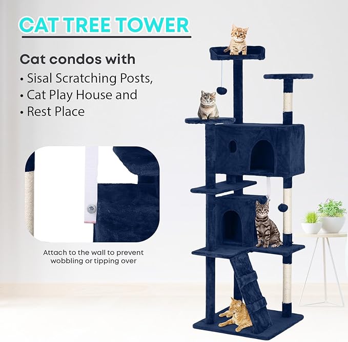 FDW Cat Tree 70in Cat Tower Multi-Level Durable Cat Scratching Post & Cozy Fun Cat Jumping Platform Space Saving Cat Condo Pet Play House for Indoor Cats,Navy Blue-PurrikoPets