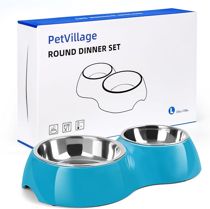 Elevated Dog Bowls Set - Non-Slip Raised Pet Feeder with Medium (2 Cups) & Large (4 Cups) Stainless Steel Bowls - Includes Durable Resin Stand for Puppies, Adult Dogs & Cats - Blue-PurrikoPets