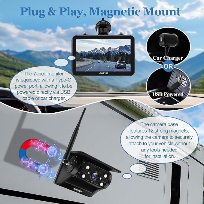 2 Magnetic Solar Wireless Backup Camera with 7'' IPS Touchscreen, 15,000mAh Rechargeable, Auto Sleep, No Wiring, 1080P Night Vision Wireless Backup Camera for Trucks, RV, Trailer, Camper VEKOOTO VK7-2-PurrikoPets