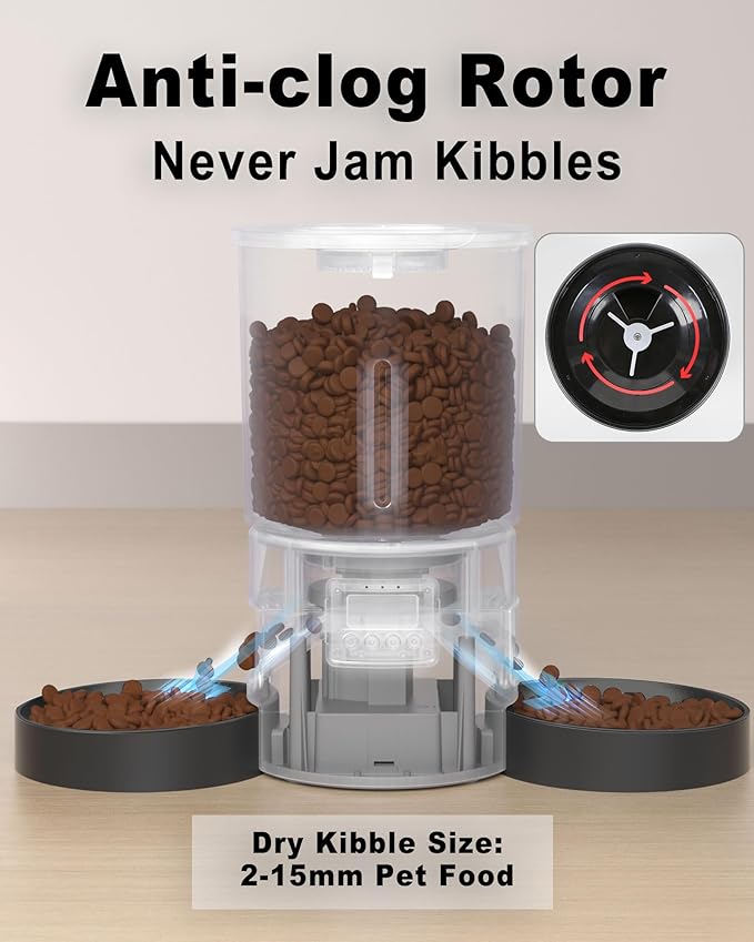Dual Automatic Cat Feeder 2 Cats,6 Meals/Day,12 Portions/Meal,4.2L Dual Power Double Bowls Feeder,Dry Food Auto Pet Dispenser,10S Voice Record,Flexible Schedule Timer (Black,Basic Dual Bowls)-PurrikoPets