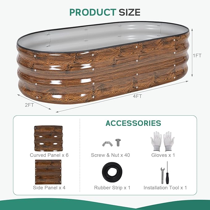 Galvanized Raised Garden Bed Outdoor - 4×2×1ft Planter Raised Beds for Gardening | Oval Metal Garden Planter Box with Safety Edging and Gloves for Vegetables Fruits and Flowers - Grain-PurrikoPets