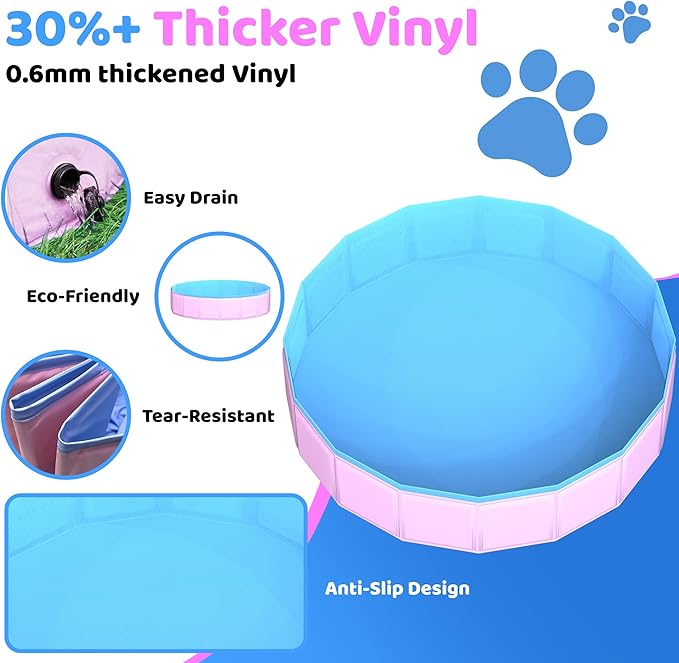 2025 Updated Foldable Dog Pool, 87" x 12" Kiddie Pool with Hard Plastic, Non-Slip Dog Bath Tub for Outdoor Backyard, Collapsible Dog Swimming Pool for Kids Dogs Pets (Pink)-PurrikoPets