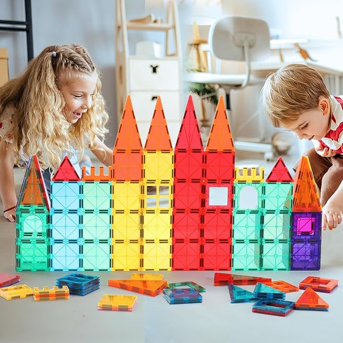 32-Pack Magnetic Tiles–Rainbow Builder Set, 2.95in STEM Construction Kit with Transparent Windows, Expand Creative Play for Kids-PurrikoPets