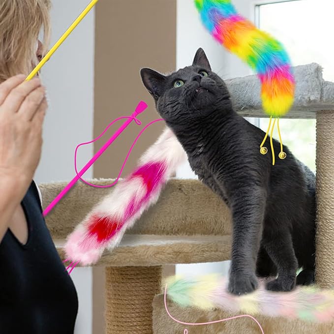 3 Pack Cat Wand Toy, Rainbow Cat Feather Toys with Bells, Teaser Wand with Soft Furry Tail, Interactive Toys for Indoor Cats & Kitten & Kitty-PurrikoPets