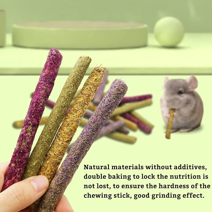 Fhiny 68 PCS Rabbit Chew Sticks, Natural Petals Timothy Hay Sticks Guinea Pig Chewing Toys for Teeth Small Animals Molar Snacks for Bunny Guinea Pig Chinchilla Hamster-PurrikoPets