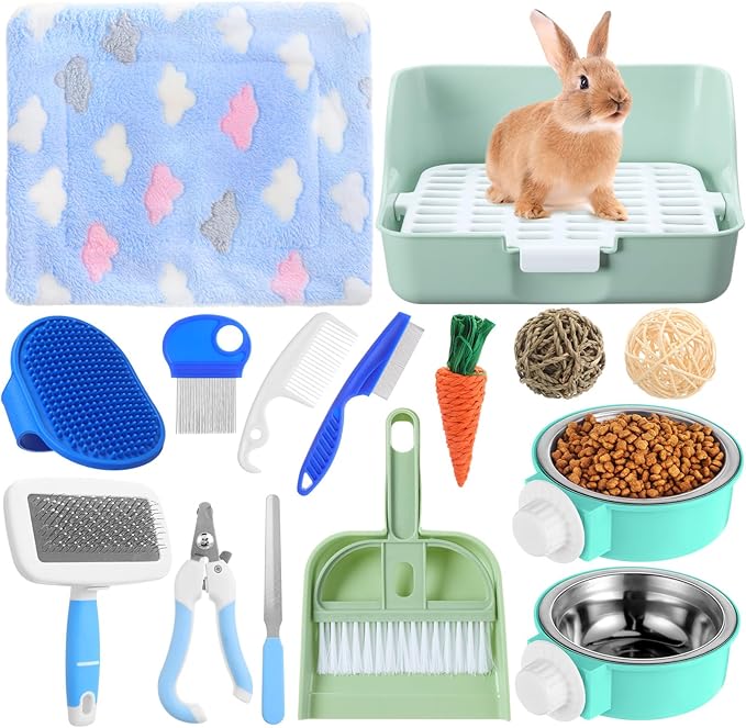 15 Pcs Rabbit Starter Kit Small Rabbit Litter Box Animal Grooming Kit Bunny Toys Bowl Blankets with Cleaning Set for Guinea Pig Accessories(Green)-PurrikoPets