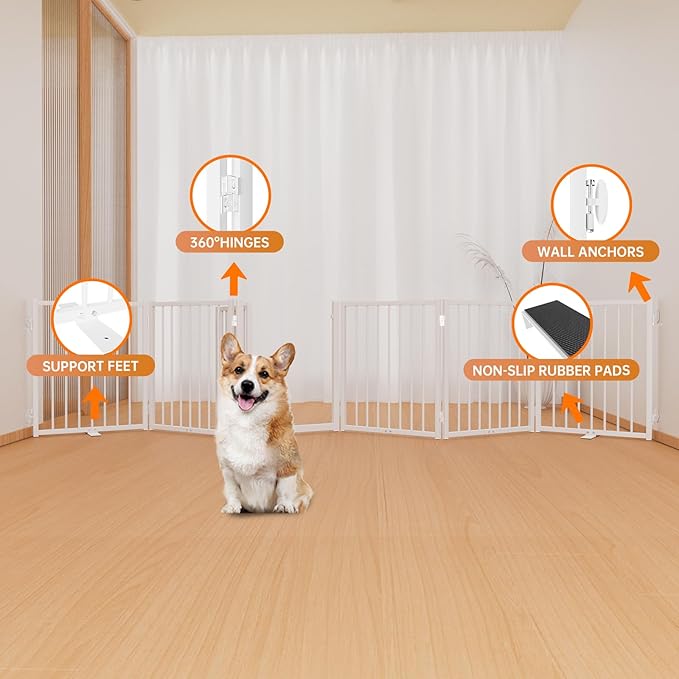 Full Metal Freestanding Dog Gate with Door, 24'' Height Foldable Pet Dog Fence for Indoor & Outdoor, 6 Panels Extra Wide Free Standing SmallDog Gates for Doorways,House,Stairs,Porch,Deck,Yard-PurrikoPets