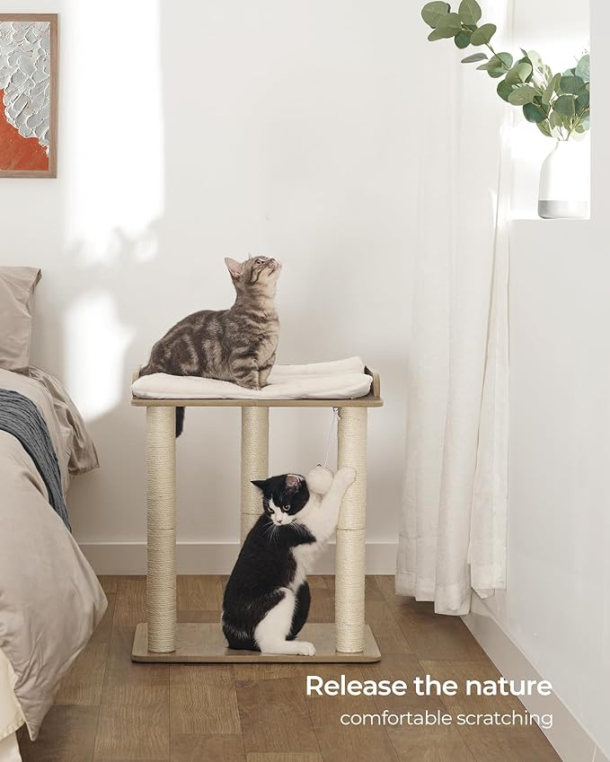 FourFurPets 22in Cat Tree Tower Condo, Cat Scratch Posts for Indoor Cats, Big Plate, Three 23.6in Full Sisal Scratching Posts, Greige-PurrikoPets