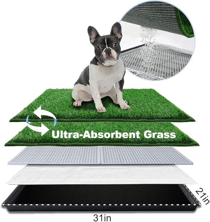 Dog Grass Pad with Tray Medium 31”×21”, Dog Potty with Ultra-Absorbent Artificial Grass for Dogs with Hemmed Edge, Pee Pads for Dogs, Realistic, Odor Free, Litter Box for Balcony-PurrikoPets