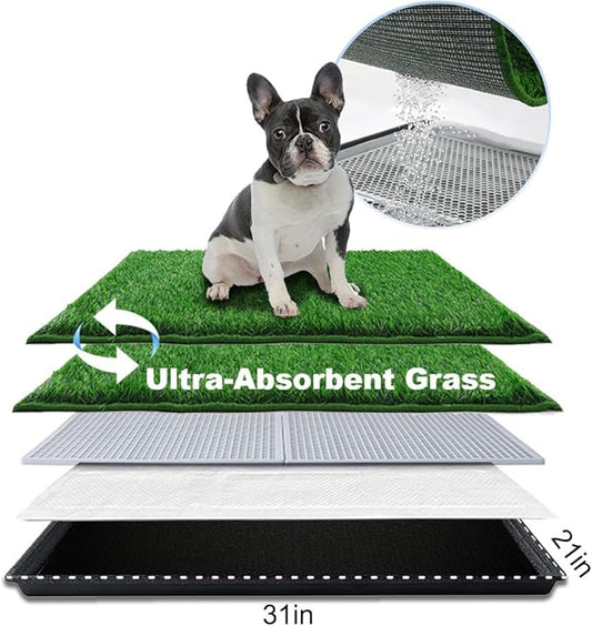 Dog Grass Pad with Tray Medium 31”×21”, Dog Potty with Ultra-Absorbent Artificial Grass for Dogs with Hemmed Edge, Pee Pads for Dogs, Realistic, Odor Free, Litter Box for Balcony-PurrikoPets