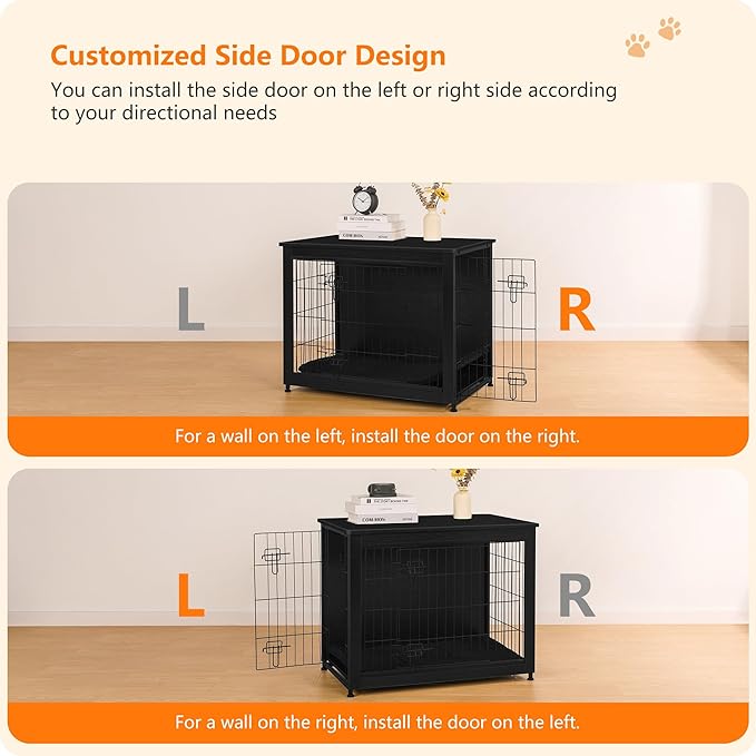 DWANTON Dog Crate Furniture with Cushion, Wooden Kennel Table with Double Doors, Indoor Dog House, Medium Size, 32.5" L, Black-PurrikoPets
