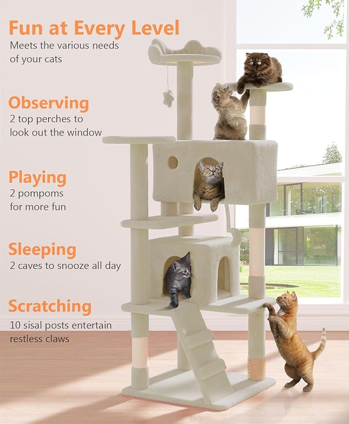 60'' Cat Tree Tower for Indoor Cats Large Adult,Cute/Tall Modern Cat Tree for Big Cats 20 lbs, Plush Multi-Level Cat Condo with Scratching Posts, Dangling Ball Indoor (Beige, 60 inch)-PurrikoPets