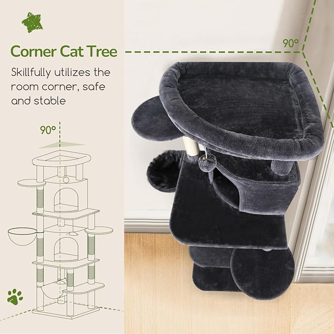 Globlazer Corner Cat Tree for Large Cats, 66inch Tall Curved Series Large Cat Tower for Multiple Indoor Cats with 6 Scratching Posts, 2 Spacious Cat Condos, Hammock, Hanging Basket, C66, Dark Grey-PurrikoPets