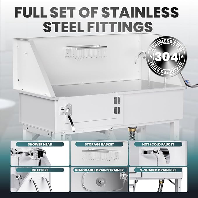 Dog Washing Station for Home, 38" White Professional Stainless Steel Dog Grooming Tub, Height Adjustable Dog Bathing Station, Upgrade Parts, Dog Bath Tubs for Small & Medium Dogs(Left Stair)-PurrikoPets