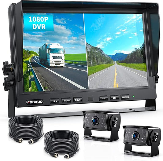 Fookoo Ⅱ HD Wired Backup Camera System Kit,10 inch Dual Split Screen Monitor with Recording IP69 Waterproof Front View Rear View Cameras Parking Lines for Truck/Semi-Trailer/Box Truck/RV(DY102)-PurrikoPets
