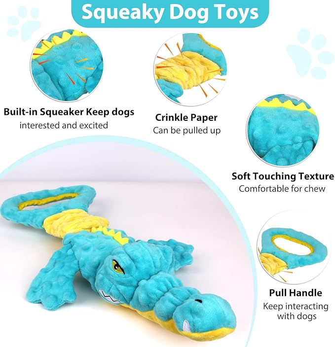 Dog Toys Cute Alligator Dog Toy Tough Plush Puppy Toy for Playtime, Training & Tug of War- Interactive Squeaky & Crinkle Chew Toy for Small to Large Dogs-PurrikoPets