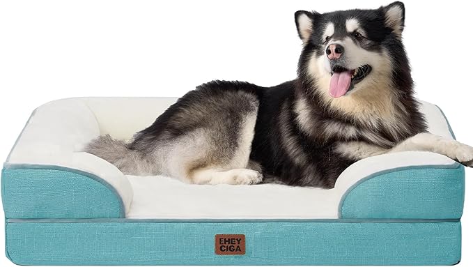 EHEYCIGA Orthopedic Dog Beds for Extra Large Dogs, Waterproof Memory Foam XXL Dog Bed with Sides, Non-Slip Bottom and Egg-Crate Foam Big Pet Couch Bed with Washable Removable Cover, Turquoise Blue-PurrikoPets