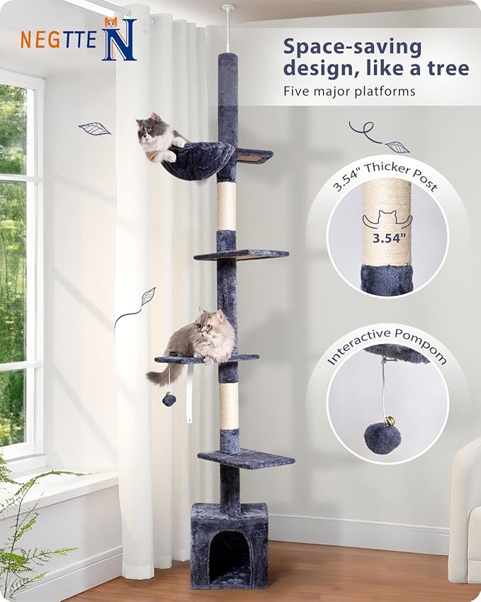 Floor to Ceiling Cat Tree, 5-Tier Height (95-109 inches) - Adjustable Cat Climbing Tower with Sisal Scratching Posts, Cat Condo, Hammock, Platforms, and Hanging Balls-PurrikoPets