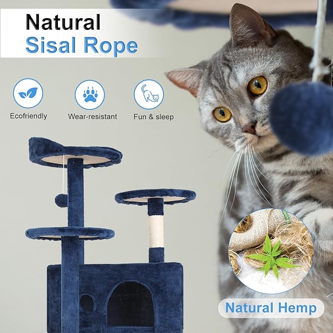 FDW Cat Tree 54in Cat Tower Multi-Level Durable Cat Scratching Post & Cozy Fun Cat Jumping Platform Space Saving Cat Condo Pet Play House for Indoor Cats,Navy Blue-PurrikoPets