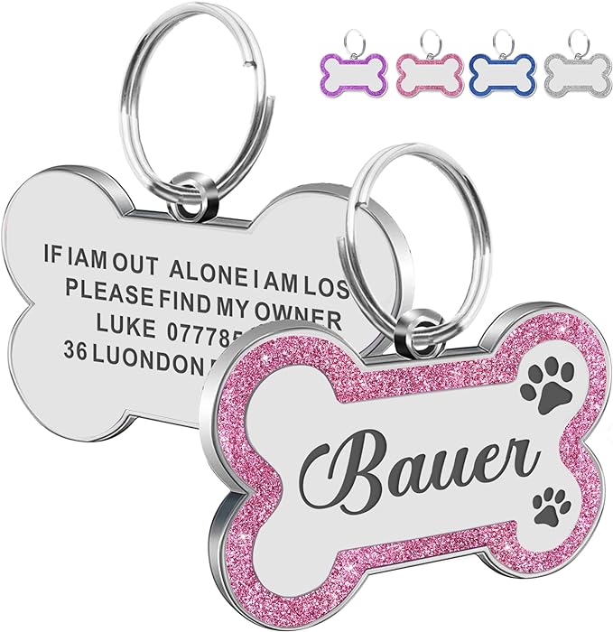Dog Tags Personalized for Pets Dog Name Tags Personalized Dog Tag Engraved with Any Name & Text Custom Dog ID Tags Glitter Bone ID Tag for Puppy Cat (Pink S, Bone)-PurrikoPets