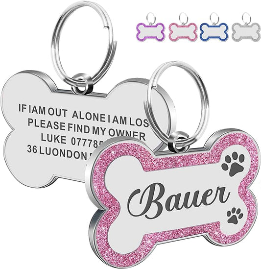 Dog Tags Personalized for Pets Dog Name Tags Personalized Dog Tag Engraved with Any Name & Text Custom Dog ID Tags Glitter Bone ID Tag for Puppy Cat (Pink S, Bone)-PurrikoPets
