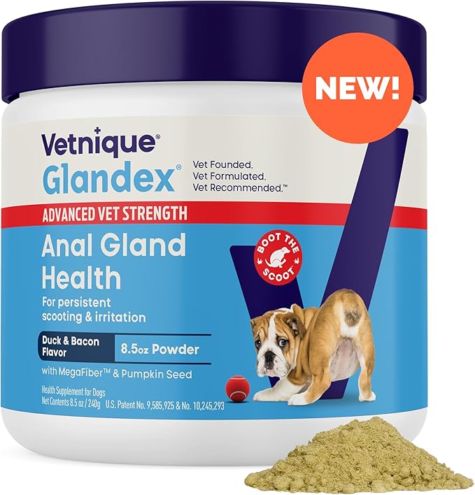 Glandex Dog Fiber Supplement Powder for Anal Glands with Pumpkin, Digestive Enzymes & Probiotics - (Regular or Advanced Strength) - Boot The Scoot (8.5 oz, Advanced Strength Duck & Bacon)-PurrikoPets