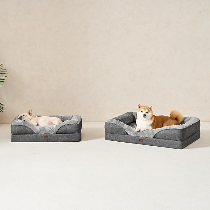 EHEYCIGA Memory Foam Dog Bed for Medium Size, Orthopedic Dog Sofa with Sides and Waterproof Liner, Washable Bolster Pet Couch with Removable Cover, 35x22x6.5 Inch, Grey-PurrikoPets