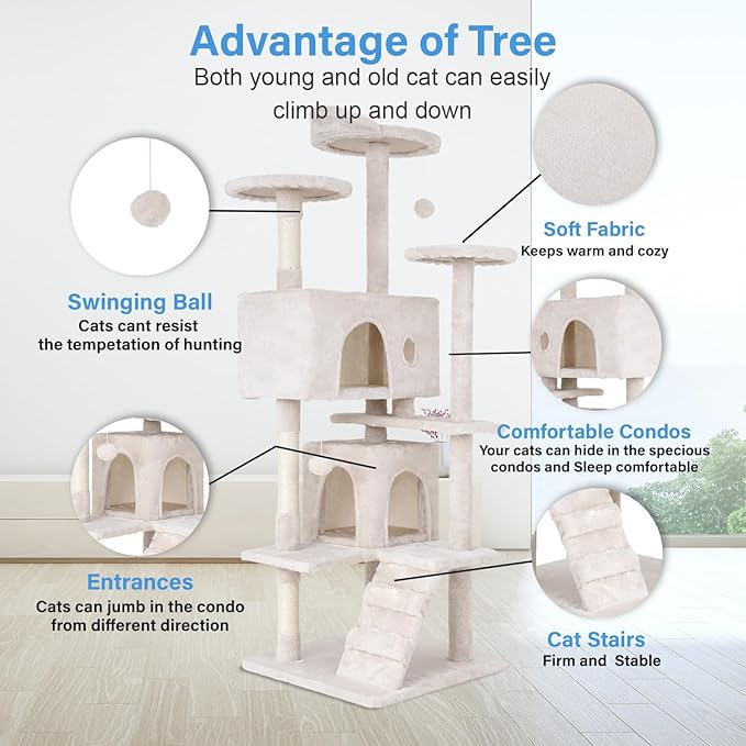 FDW Cat Tree 54in Cat Tower Multi-Level Durable Cat Scratching Post & Cozy Fun Cat Jumping Platform Space Saving Cat Condo Pet Play House for Indoor Cats,Beige-PurrikoPets