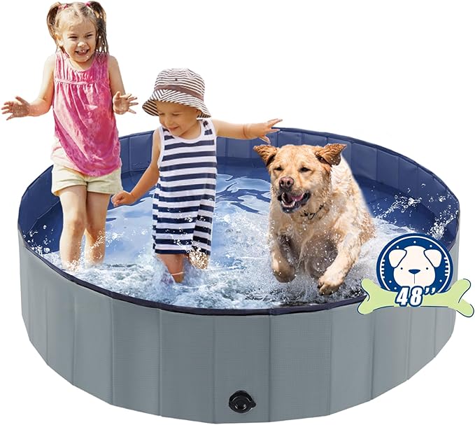 Foldable Dog Bath Swimming Pool Plastic Kiddie Pool Professional Tub Collapsible Grooming Bathtub for Pets Kids Baby and Toddler, 48 x 12 Inches Gray-PurrikoPets