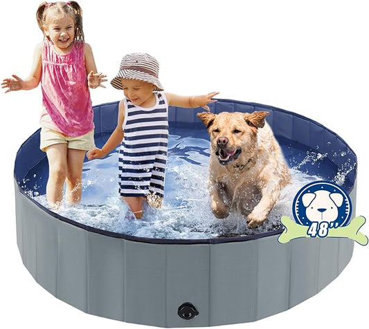 Foldable Dog Bath Swimming Pool Plastic Kiddie Pool Professional Tub Collapsible Grooming Bathtub for Pets Kids Baby and Toddler, 48 x 12 Inches Gray-PurrikoPets