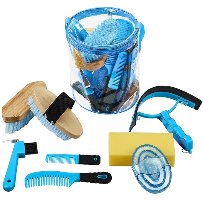 9 Pieces Horse Grooming Kit Tack Room Supplies Set with Organizer Tote Bag, Oval Massage Curry, Hard and Soft Brush, Hoof Pick, Sweat Scraper, Bathing Sponge, Combs for Horse Riders Beginners (Blue)-PurrikoPets